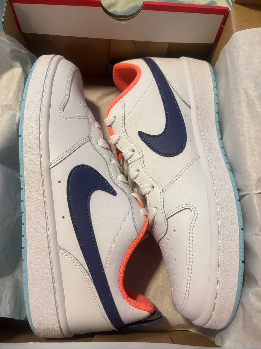 Nike White Low-Top Sneakers with Navy Swoosh and Coral Lining LIMITED EDITION